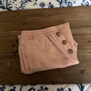 Zara Pink Linen Blend Elastic Waist Button Detail Wide Leg Crop Pants Size M